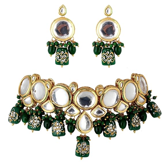 Tehzeeb Creations Back Meenakari Gold-Polished Earring Jewellery Set Uncut Kundan Big Faux Kundan Dibbi Kundan Choker Necklace Set | Swadesiicart