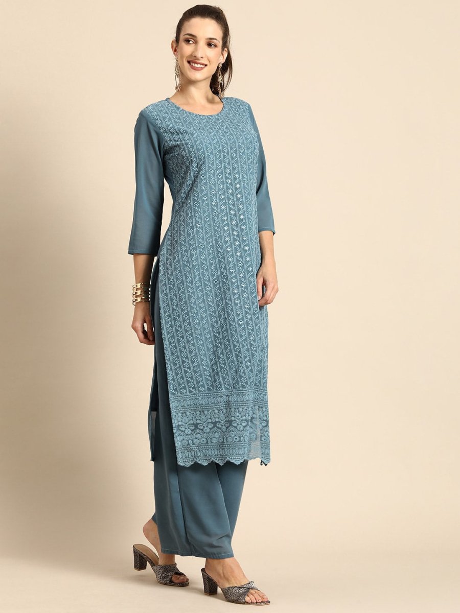 All About You Women Grey Ethnic Motifs Embroidered Regular Chikankari Kurta with Palazzos | Swadesiicart