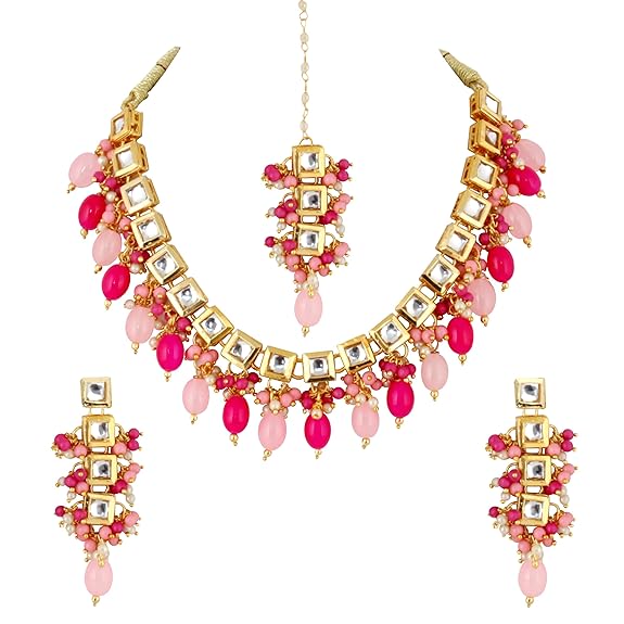 Tehzeeb Creations Back Meenakari Gold-Polished Square Shape Tika Earring Jewellery Set Uncut Kundan Big Faux Kundan Dibbi Kundan Choker Necklace Set | Swadesiicart