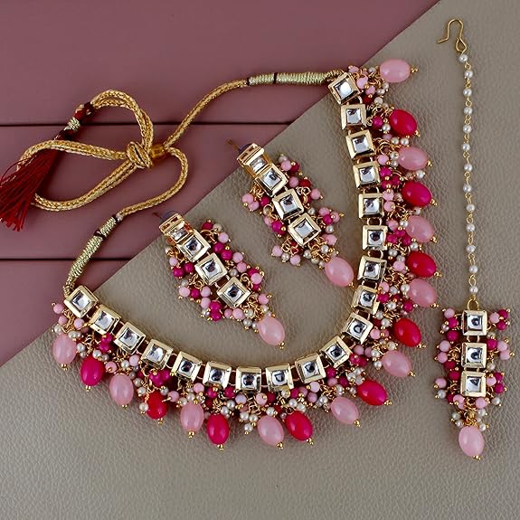 Tehzeeb Creations Back Meenakari Gold-Polished Square Shape Tika Earring Jewellery Set Uncut Kundan Big Faux Kundan Dibbi Kundan Choker Necklace Set | Swadesiicart