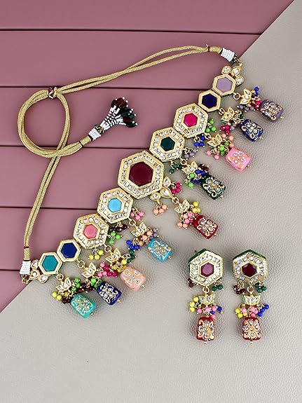 Tehzeeb Creations Back Meenakari Gold-Polished MultiColor Tika Earring Jewellery Set Uncut Kundan Choker Necklace Set | Swadesiicart