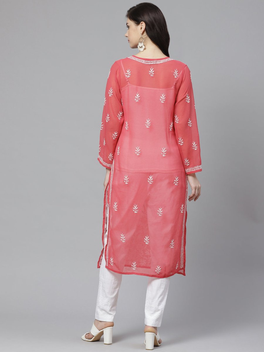 ADA Women Pink & White Chikankari Embroidered Sustainable Handloom Kurta with Trousers | Swadesiicart