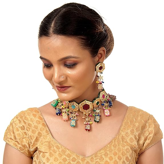 Tehzeeb Creations Back Meenakari Gold-Polished MultiColor Tika Earring Jewellery Set Uncut Kundan Choker Necklace Set | Swadesiicart