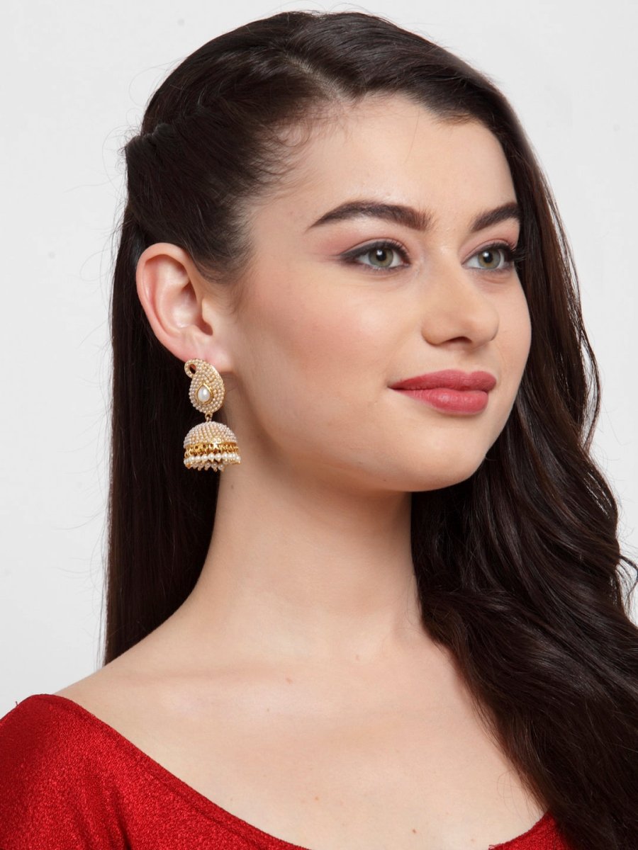 Anikas Creation Off-White & Gold-Polished Contemporary Jhumkas - Swadesiicart