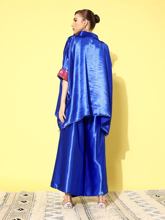 InWeave Women's Blue Pink Brocade Satin Boho Kurta Palazzo Set - Swadesiicart