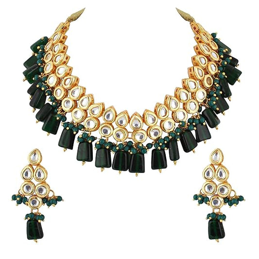 Tehzeeb Creations Back Meenakari Gold-Polished Tika Earring Combo Uncut Big Faux Kundan Choker Necklace set | Swadesiicart
