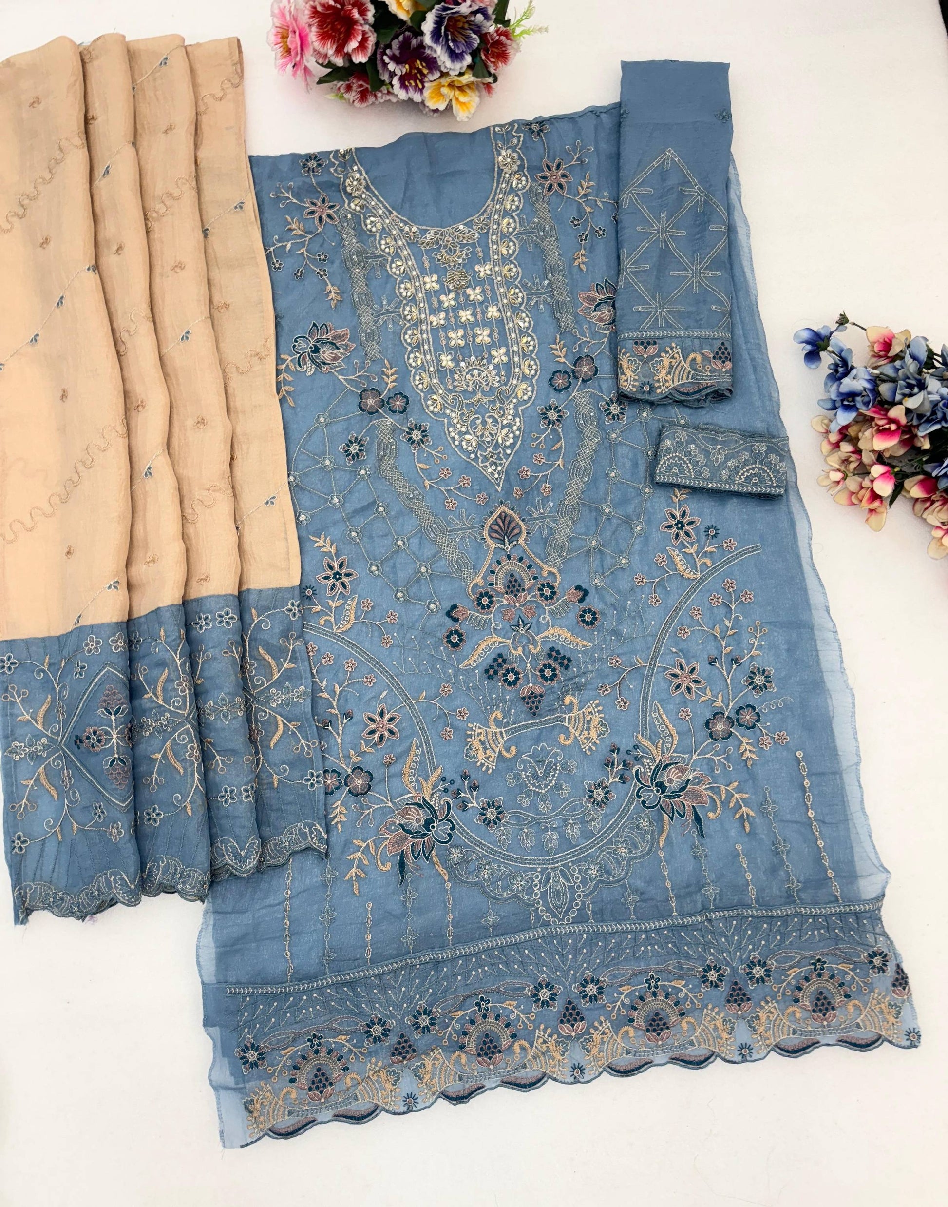 Anaita Blue Silk Suit With Embroidery & Sequence Work