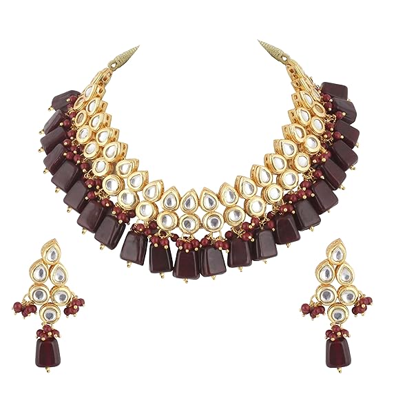 Tehzeeb Creations Back Meenakari Gold-Polished Tika Earring Combo Uncut Big Faux Kundan Choker Necklace set | Swadesiicart