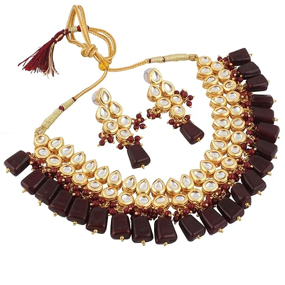 Tehzeeb Creations Back Meenakari Gold-Polished Tika Earring Combo Uncut Big Faux Kundan Choker Necklace set | Swadesiicart