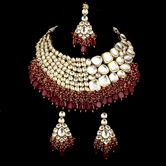 Tehzeeb Creations Meenakari Gold-Polished Maroon color Uncut dibbi Kundan Combo Necklace Set - Swadesiicart