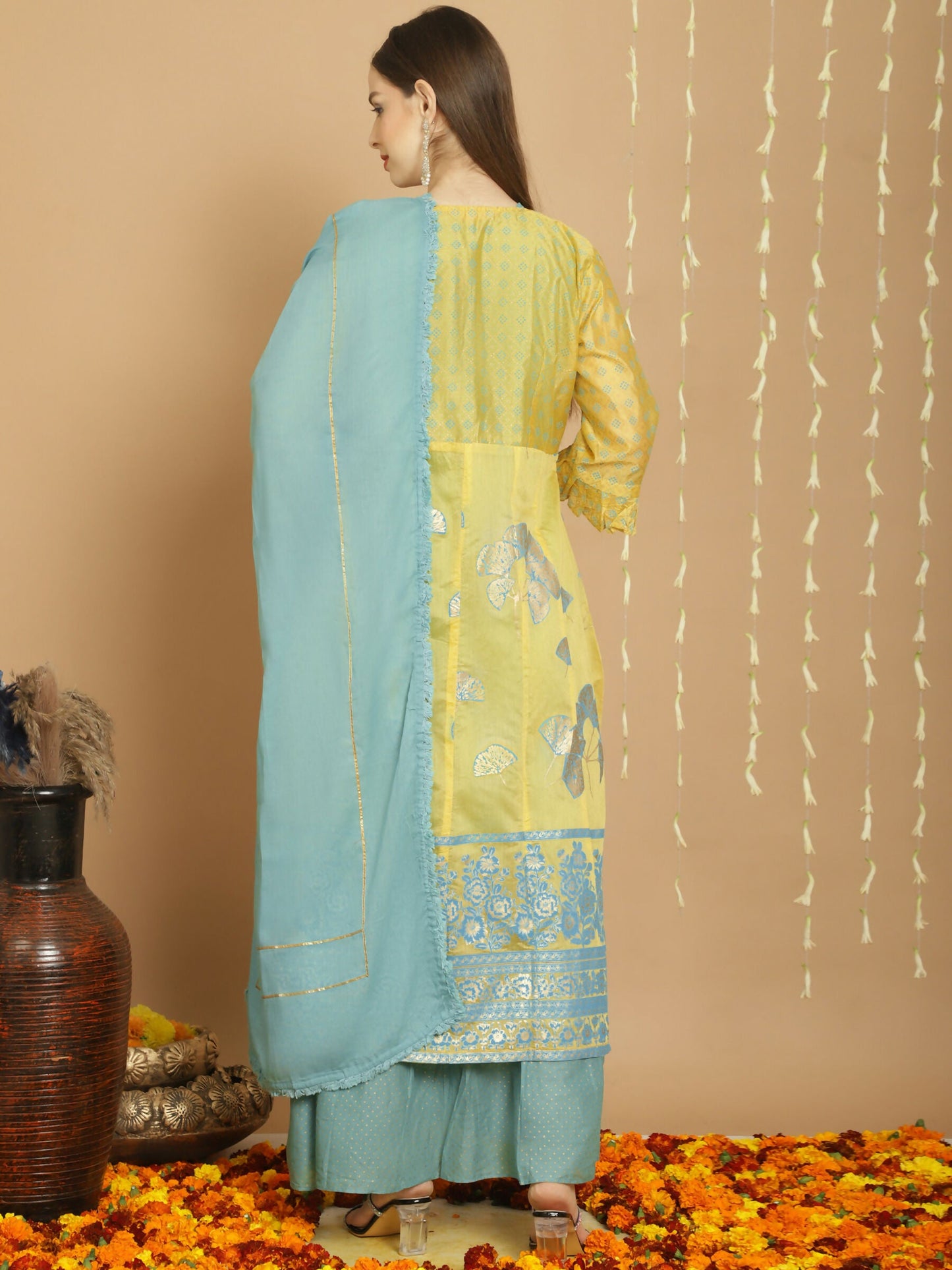 Jyoti Fashion Women's Yellow Chanderi Silk Elegant Jardoshi Kurta with Trouser & Dupatta | Swadesiicart