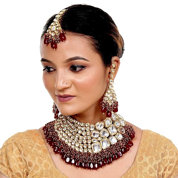 Tehzeeb Creations Meenakari Gold-Polished Maroon color Uncut dibbi Kundan Combo Necklace Set - Swadesiicart