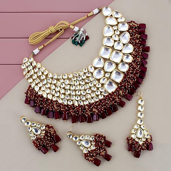 Tehzeeb Creations Meenakari Gold-Polished Maroon color Uncut dibbi Kundan Combo Necklace Set - Swadesiicart
