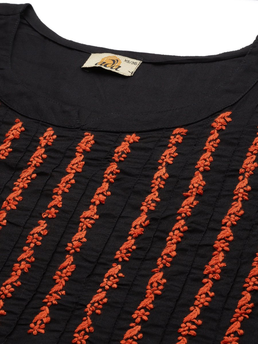 ADA Women Black & Orange Ethnic Motifs Embroidered Chikankari Kurta | Swadesiicart