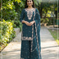 Anaita Teal Chinon Stitched Plazzo Suit with Embroidered & Bearts Work