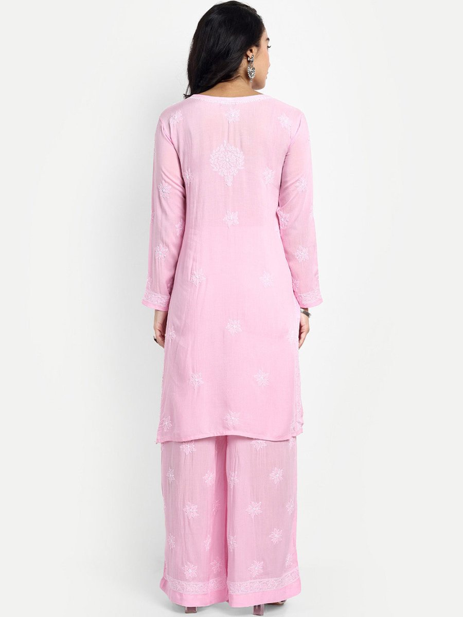 ADA Floral Embroidered Round Neck Long Sleeve Regular Chikankari Kurta With Palazzos | Swadesiicart