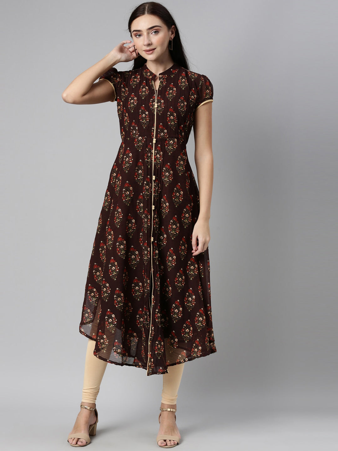 Souchii Women Brown & Red Floral Printed Block Print Kurta - SOUCHII
