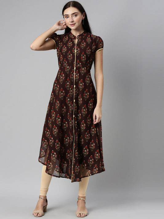 Souchii Women Brown & Red Floral Printed Block Print Kurta - SOUCHII