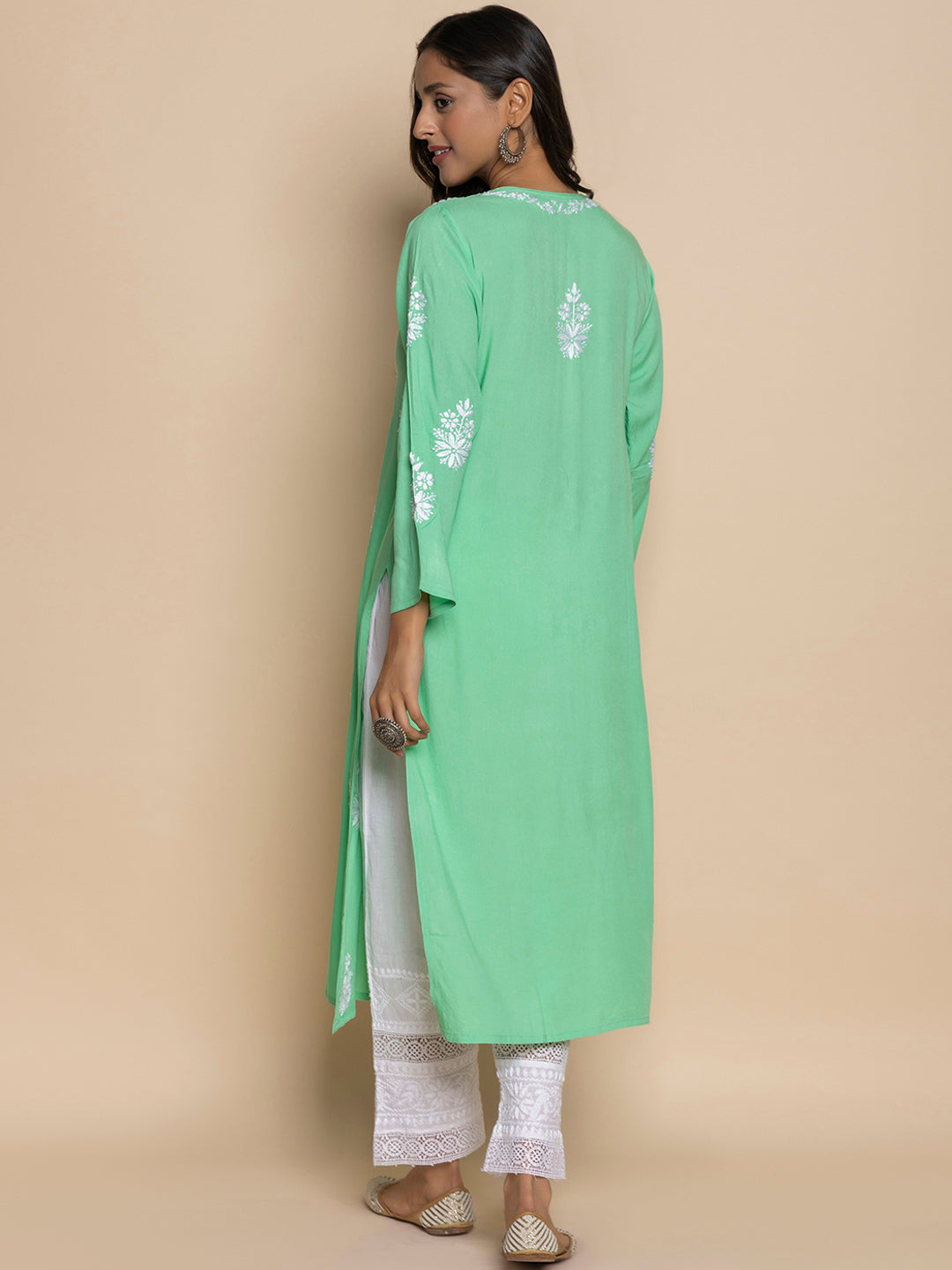 HOUSE OF KARI Floral Embroidered Chikankari A-Line Kurta | Swadesiicart