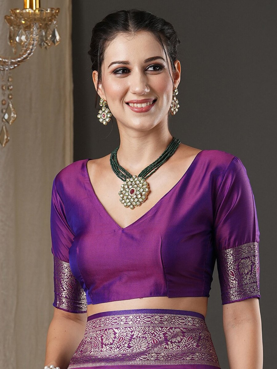 Anouk Purple & Gold-Toned Ethnic Motifs Woven Design Zari Banarasi Saree | Swadesiicart