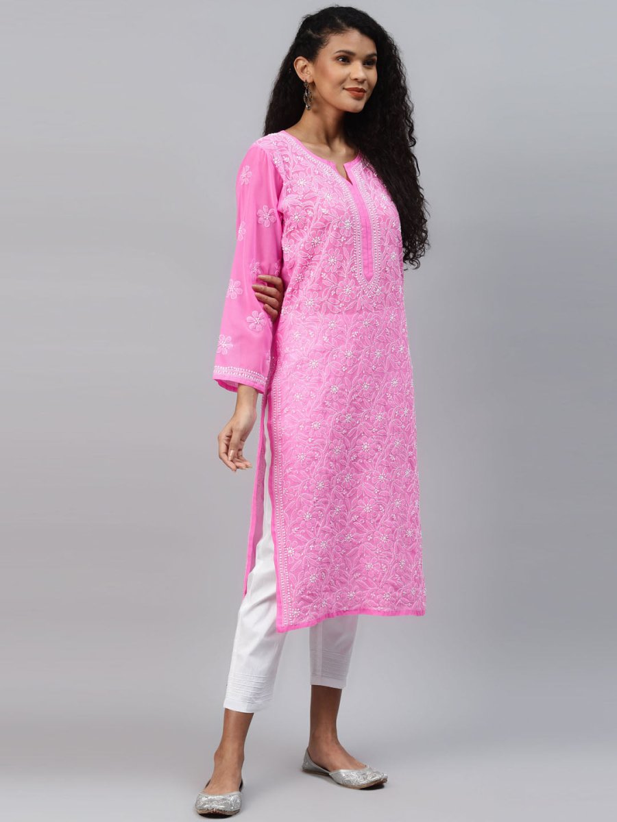 ADA Women Pink & White Ethnic Motifs Embroidered Chikankari Handloom Kurta with Trousers | Swadesiicart