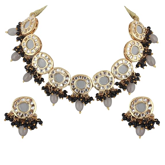Tehzeeb Creations Meenakari Gold-Polished Earring Combo Uncut Big Faux Kundan Choker Necklace set | Swadesiicart