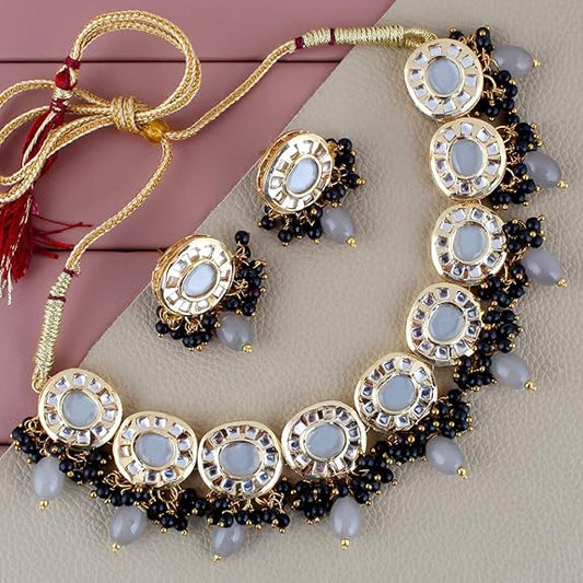 Tehzeeb Creations Meenakari Gold-Polished Earring Combo Uncut Big Faux Kundan Choker Necklace set | Swadesiicart
