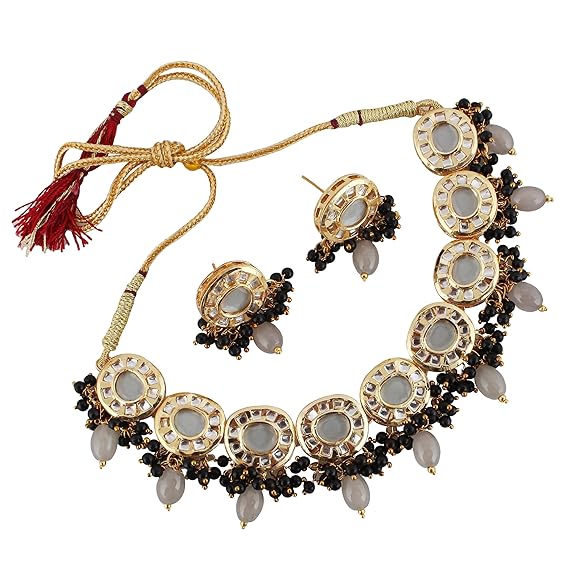 Tehzeeb Creations Meenakari Gold-Polished Earring Combo Uncut Big Faux Kundan Choker Necklace set | Swadesiicart