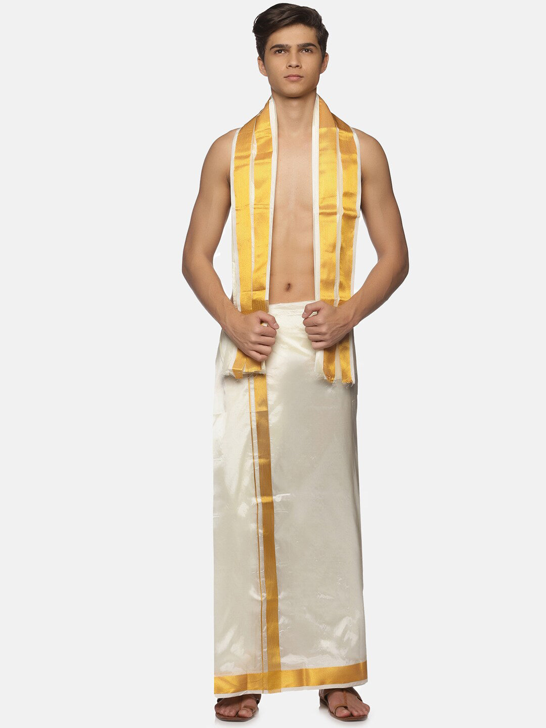 Sethukrishna Men Cream-Coloured Solid Dhoti | Swadesiicart