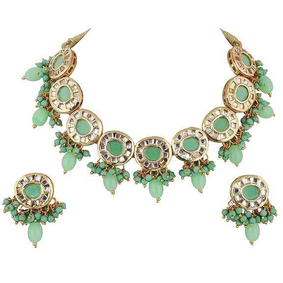 Tehzeeb Creations Meenakari Gold-Polished Earring Combo Uncut Big Faux Kundan Choker Necklace set | Swadesiicart
