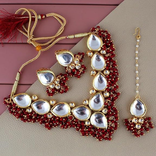 Tehzeeb Creations Back Meenakari Gold-Polished Tika Earring Combo Uncut Big Faux Kundan Choker Necklace set | Swadesiicart