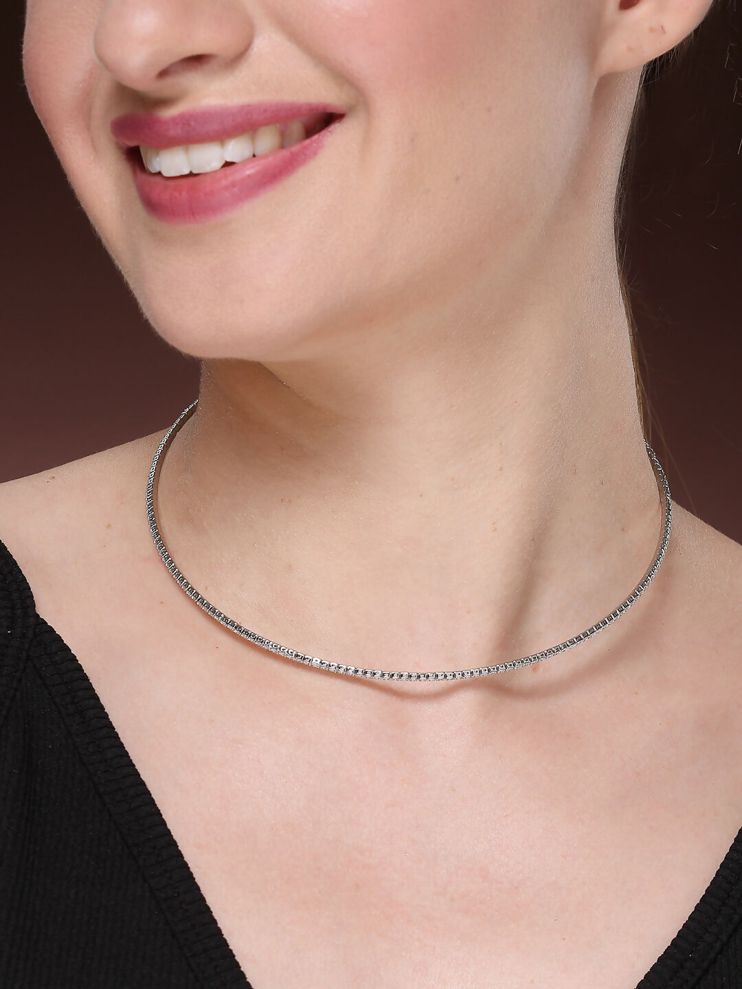 NVR Women's Silver-Toned CZ-Studded Choker Necklace | Swadesiicart