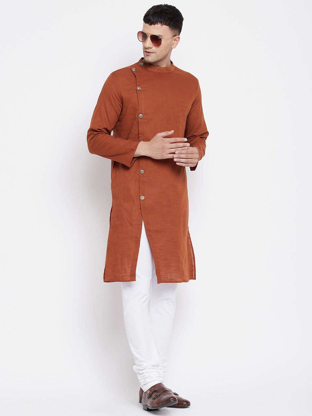 Even Apparels Brown Pure Cotton Men's Sherwani Kurta With Asymetrical Cut | Swadesiicart