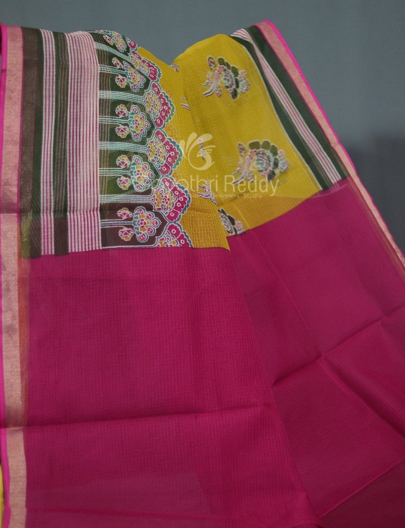 Shades of Dry Mehendi With Block Design Pure Kota Cotton Saree By Gayathri Reddy Designer Studio | Swadesiicart
