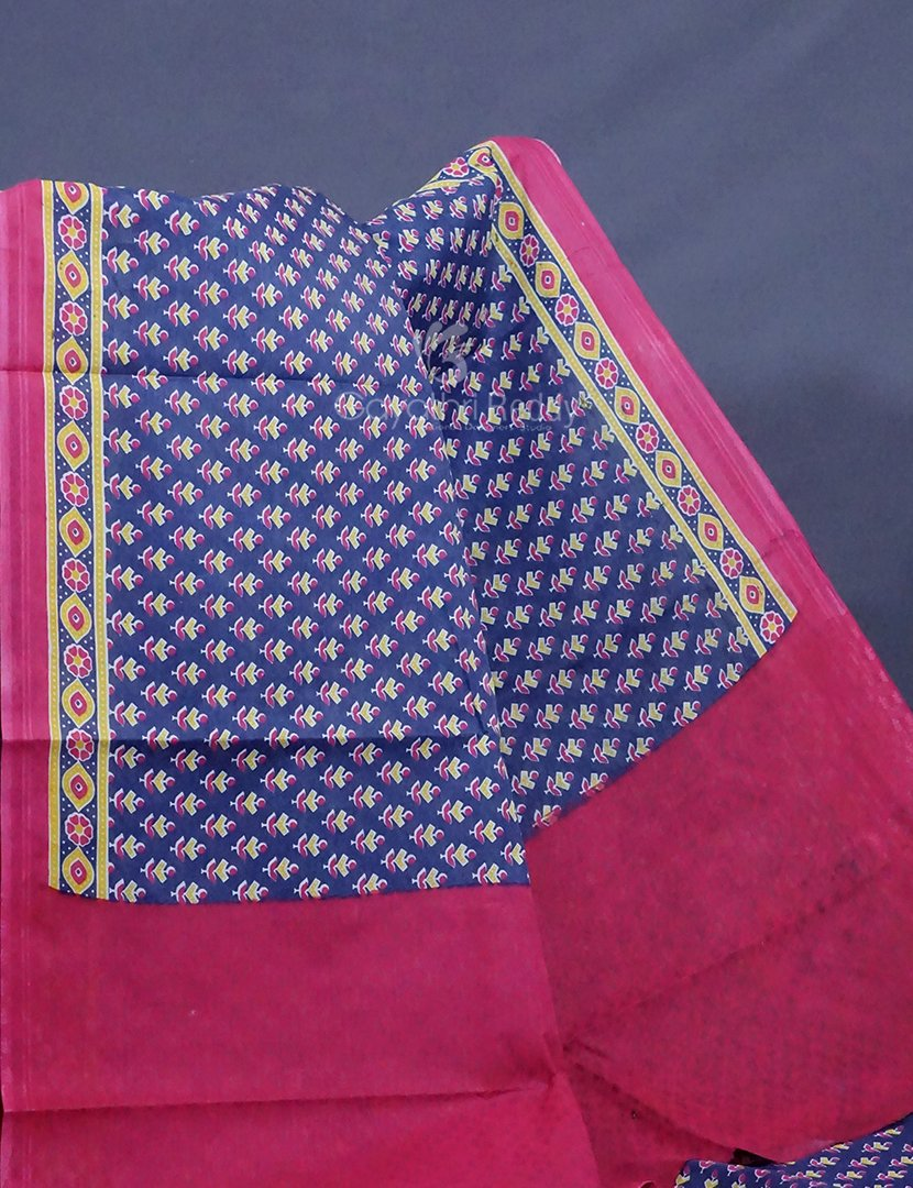 Denim Blue Colour Block Print Pure Mulmul Cotton Saree By Gayathri Reddy Designer Studio | Swadesiicart