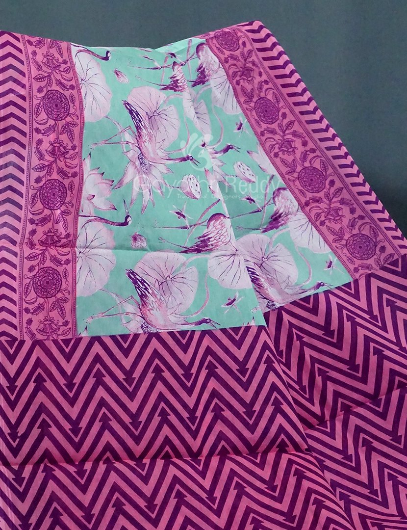 Block Print Mint Blue Coloured Mulmul Cotton Saree By Gayathri Reddy Designer Studio | Swadesiicart