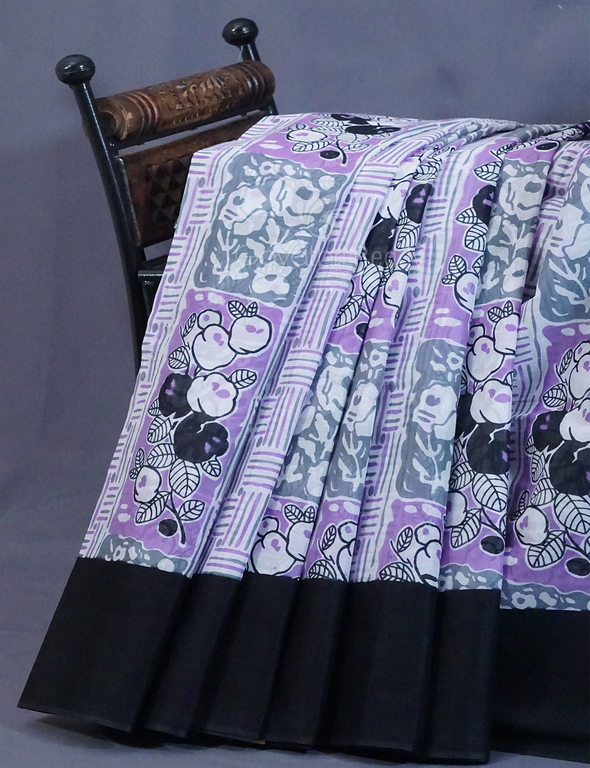 Shades of Lavender And Black Colour Floral Print Pure Mulmul Cotton Saree By Gayathri Reddy Designer Studio | Swadesiicart