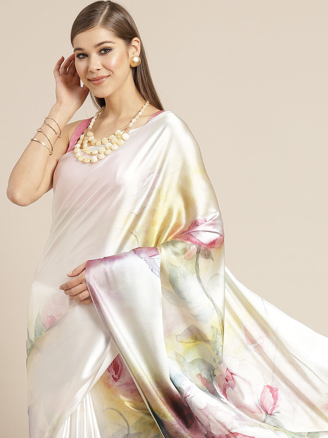 Tikhi Imli White & Pink Digital Floral Print Saree | Swadesiicart