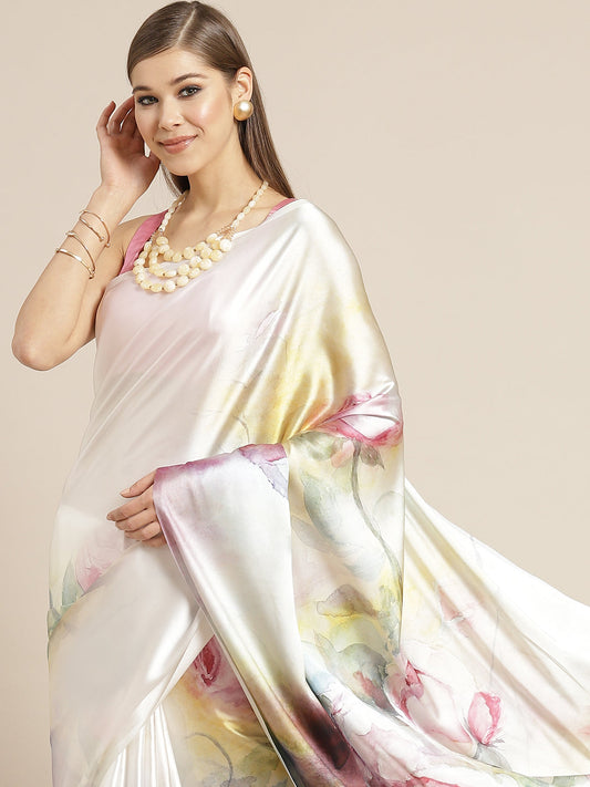 Tikhi Imli White & Pink Digital Floral Print Saree | Swadesiicart