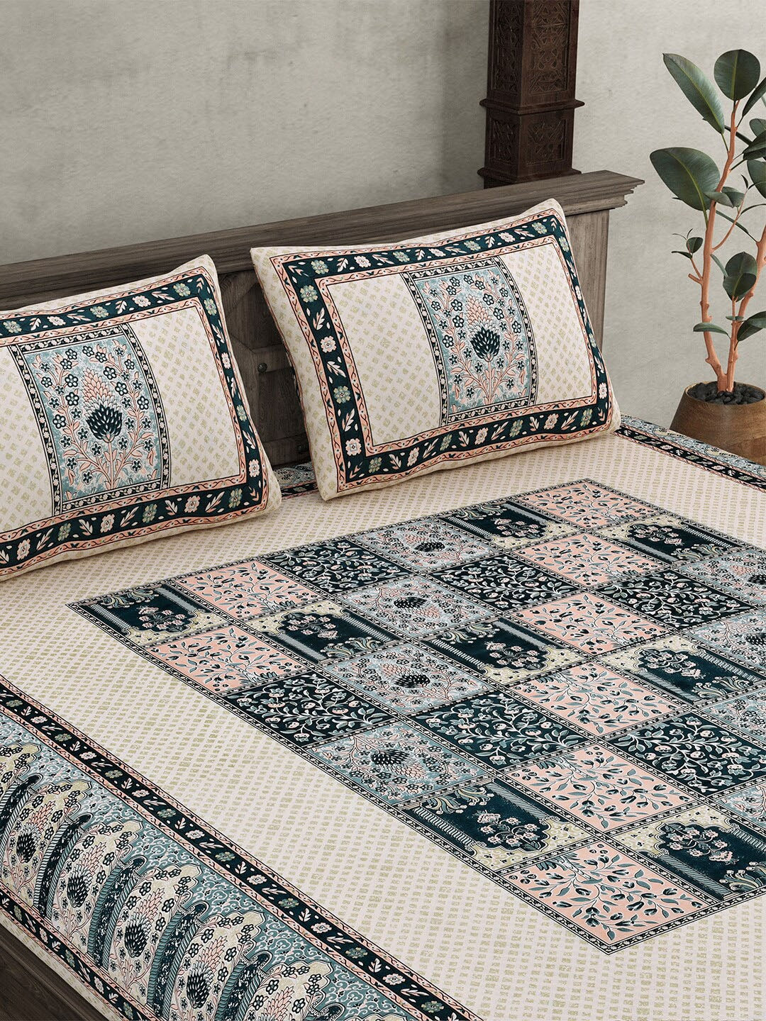 JAIPUR FABRIC Beige & Green Ethnic Motifs Cotton 210 TC Queen Bedsheet & 2 Pillow Covers | Swadesiicart