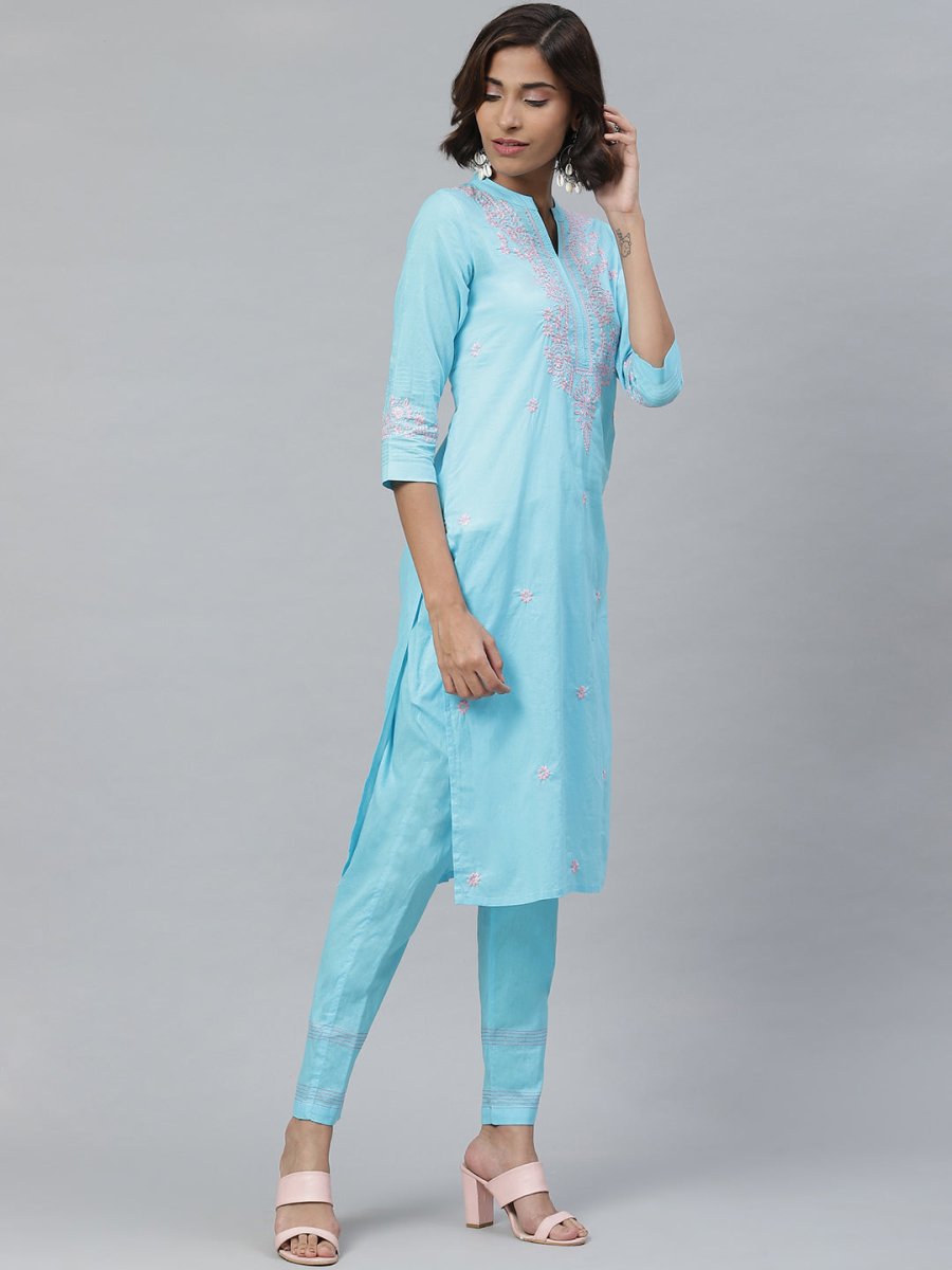 ADA Women Blue & Pink Chikankari Embroidered Sustainable Handloom Kurta with Trousers | Swadesiicart