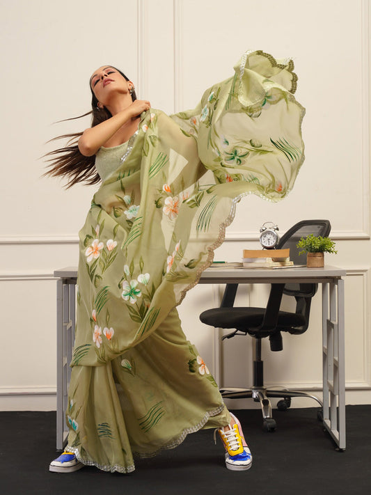 Tikhi Imli Floral Printed Organza Saree | Swadesiicart