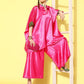 InWeave Women's Pink Green Brocade Satin Boho Kurta Palazzo Set - Swadesiicart