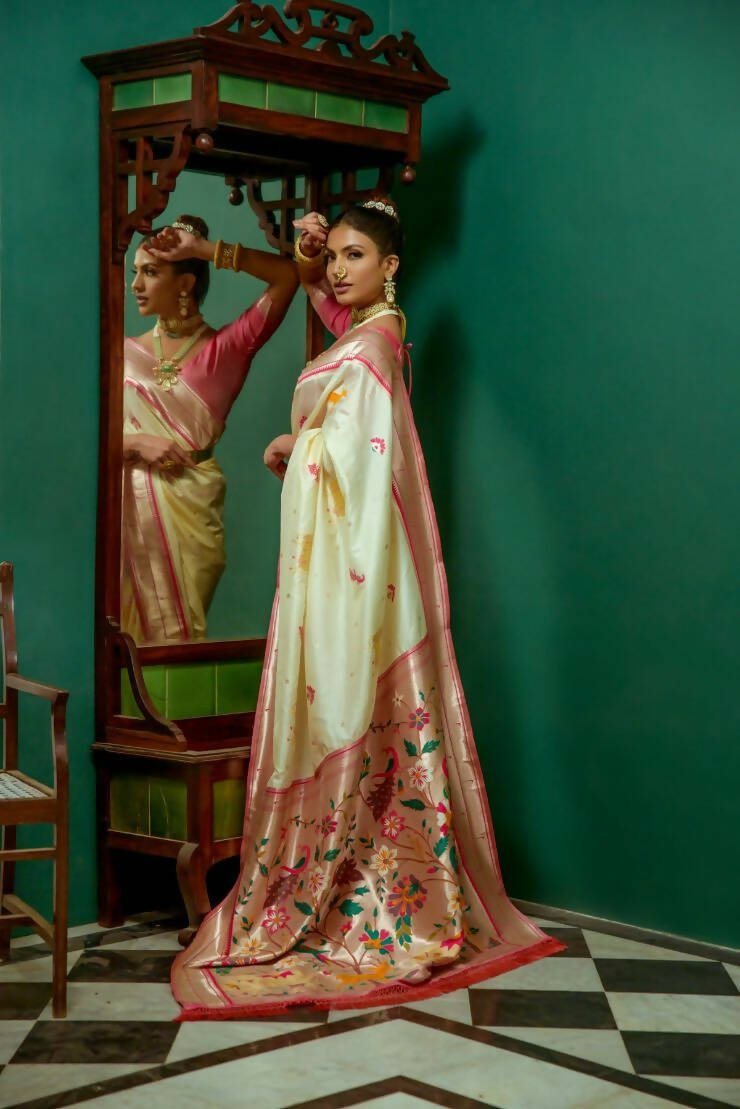 Vishnu Weaves Women's Cream Paithani Silk Zari Woven Saree with Unstitched Blouse - Swadesiicart