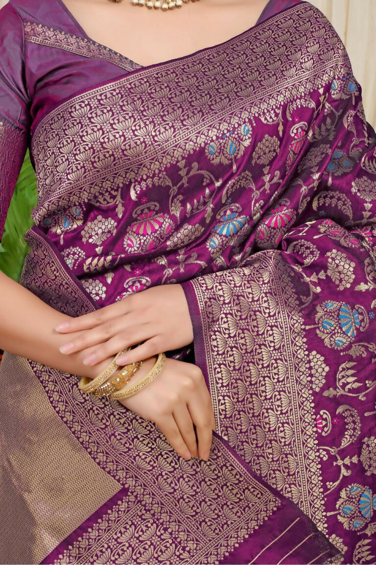 Jyoti Fashion Women's Wine Kanjivaram Silk Zari Woven Saree with Blouse | Swadesiicart