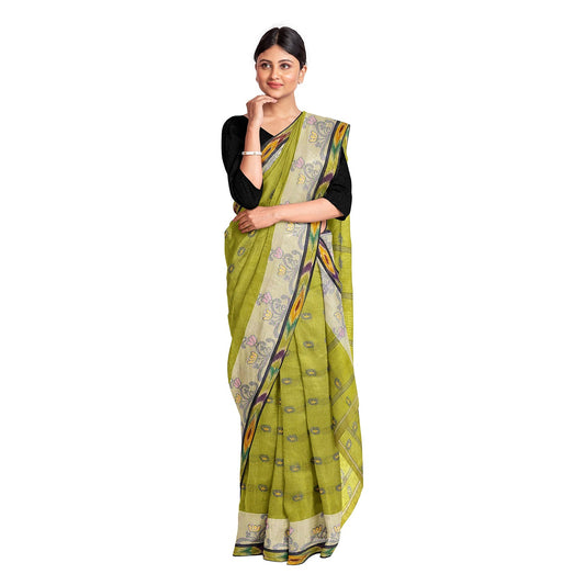 Exclusive Collection 100% Pure Cotton Olive Tant Saree With Hand Weaving Work - Swadesiicart