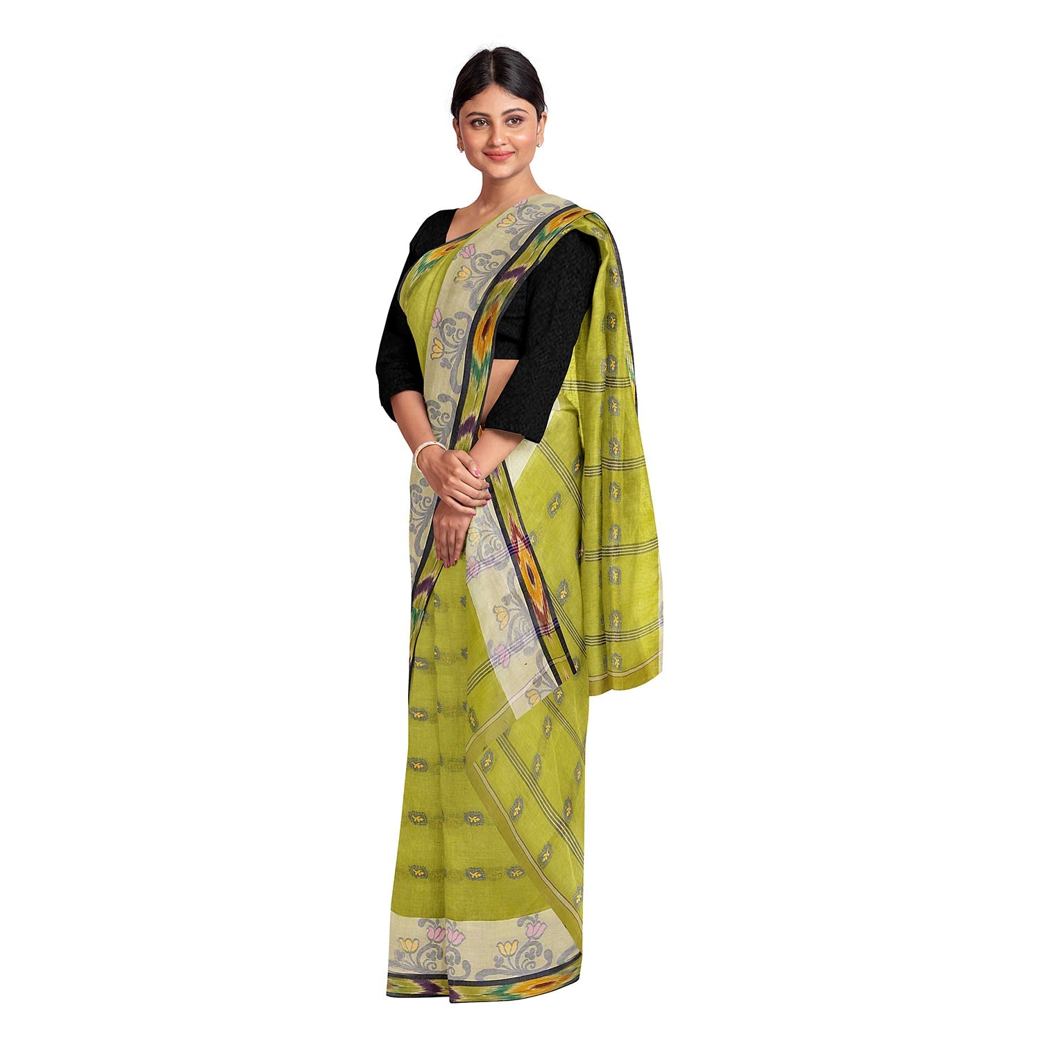 Exclusive Collection 100% Pure Cotton Olive Tant Saree With Hand Weaving Work - Swadesiicart