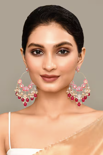 New Stylish Ethnic Partywear Pink Hoops Kundan Earrings for Womens by House of Ree | Swadesiicart
