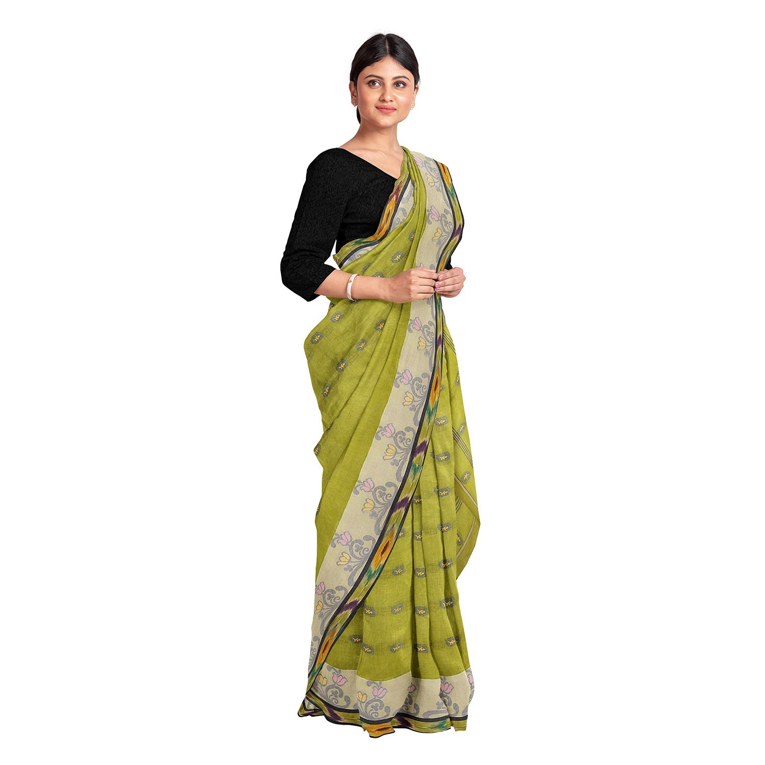 Exclusive Collection 100% Pure Cotton Olive Tant Saree With Hand Weaving Work - Swadesiicart