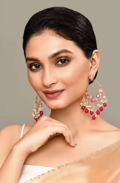 New Stylish Ethnic Partywear Pink Hoops Kundan Earrings for Womens by House of Ree | Swadesiicart